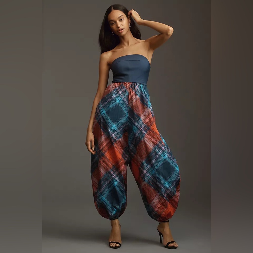 Maeve Strapless Plaid gathered balloon Jumpsuit - Blue and Red